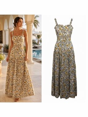 Agua Bendita Cream White Linen Maxi Dress Floral Avellana Medium Resort NWT 🟡